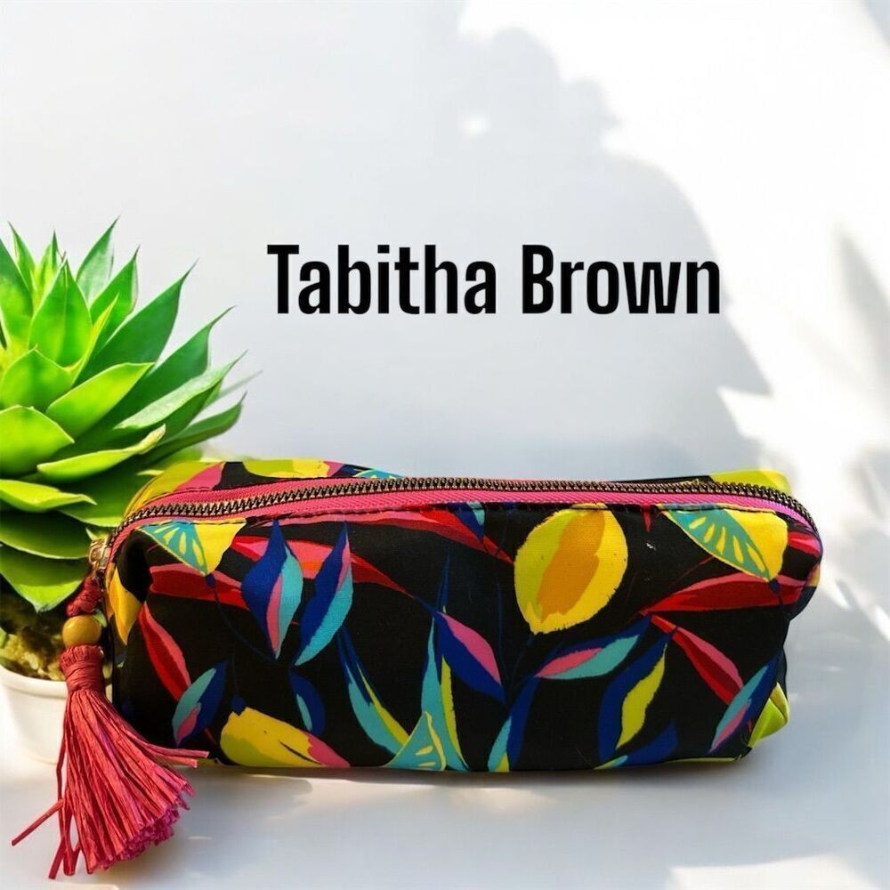 Tabitha Brown Tropical Print Makeup Pencil Bag Pink Straw Tassel Zipper Closure